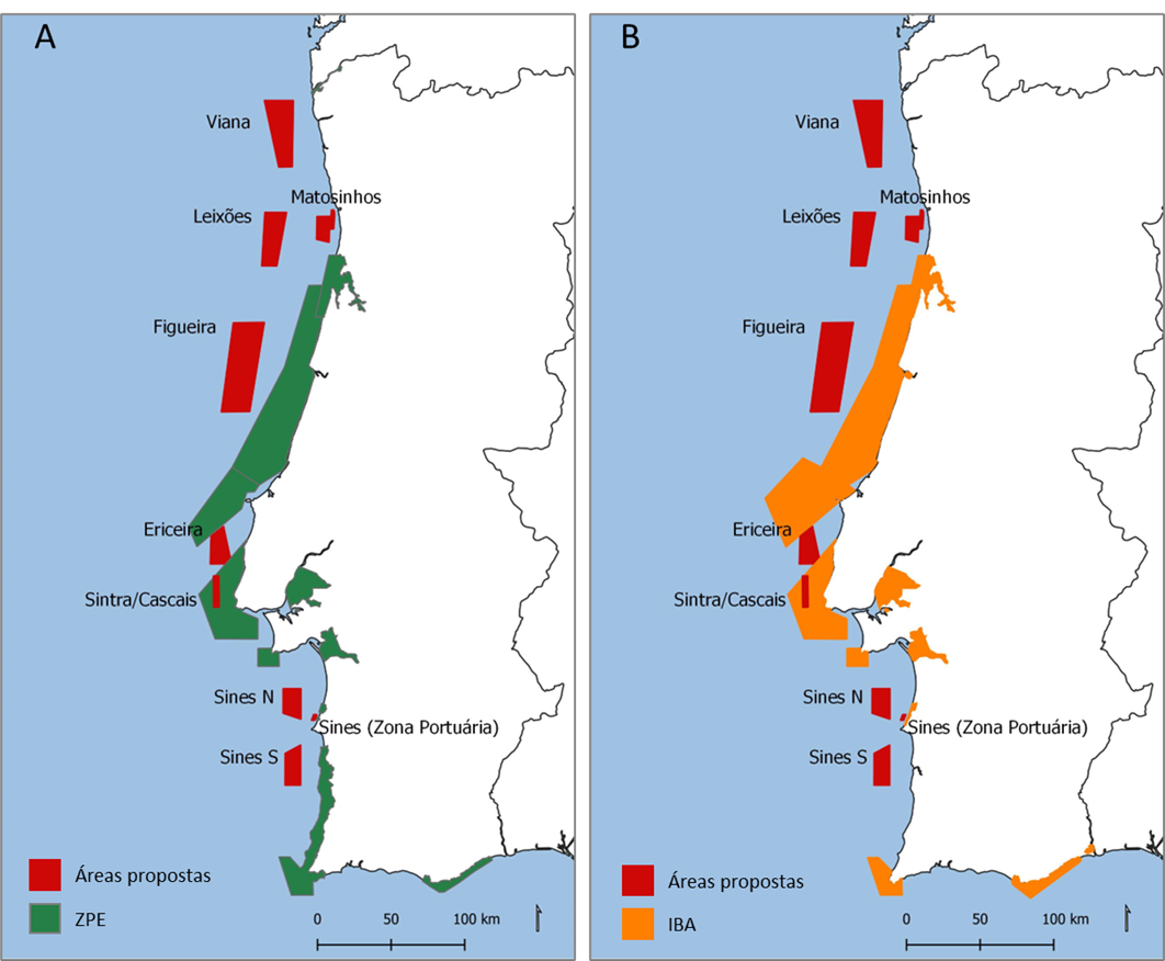 Figura 2: Localização das áreas propostas para desenvolvimento de parques eólicos offshore em relação às Zonas de Proteção Especial para as Aves (A) e às Important Bird & Biodiversity Areas (B) marinhas e costeiras.